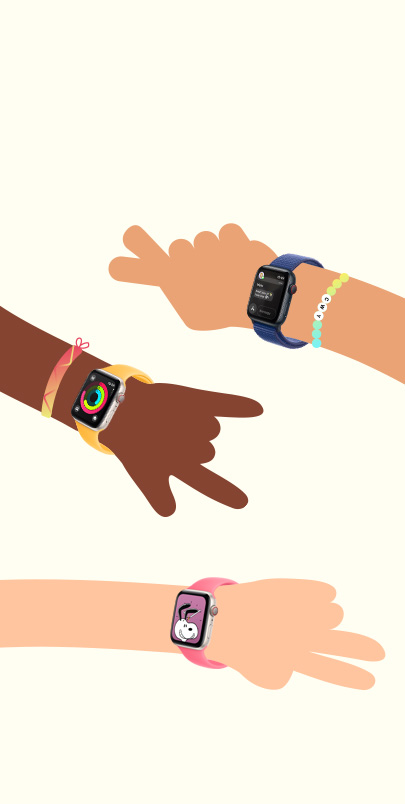 Illustrated kids hands. Each wrist has an Apple Watch on it.