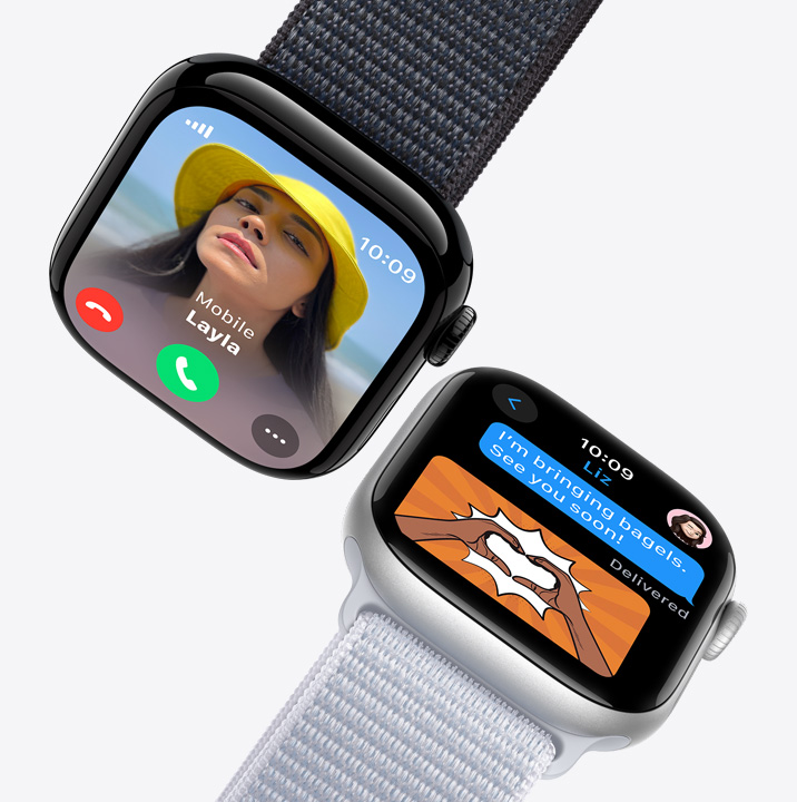 Dva displeje Apple Watch. Na prvním je zobrazený příchozí hovor. Na druhém je zobrazená konverzace v textových zprávách.