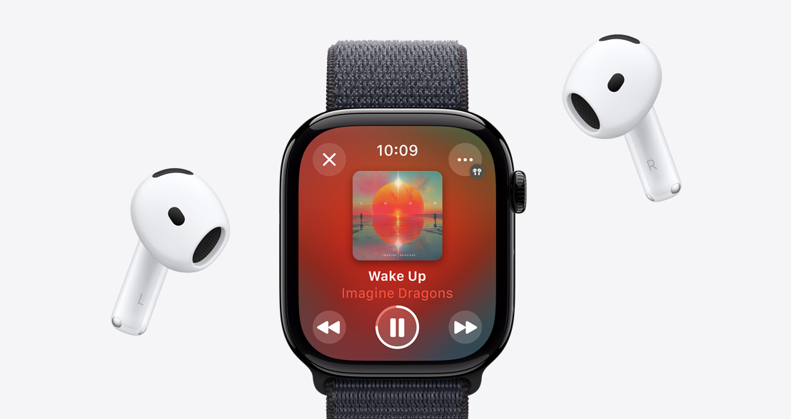 Apple Watch Series 10:ssä toistetaan Apple Music ‑soittolistaa, vierellä AirPods 4 ‑kuulokkeet.