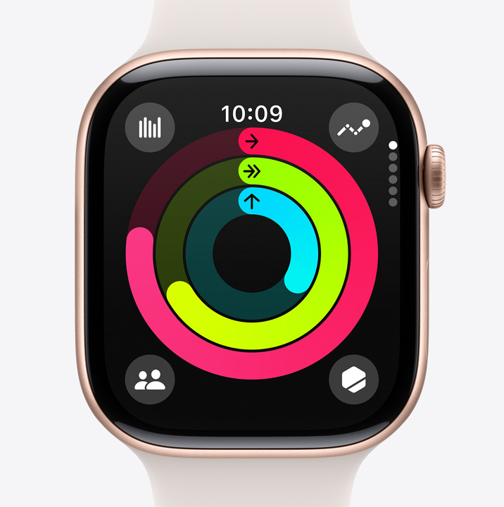 An Apple Watch Series 10 showing the Activity app showing someone's progress on their Move, Exercise and Stand rings.