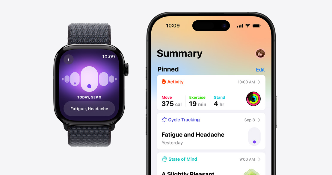 Syklus-appen vises på en Apple Watch Series 10, og Helse-appen viser Syklus-informasjon på en iPhone 16 Pro.