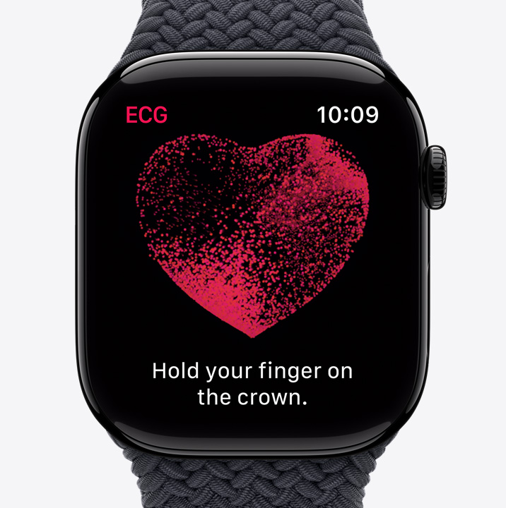 En Apple Watch Series 10 viser EKG-appen på skjermen, med en EKG-måling og en nedtelling med 24 sekunder igjen.