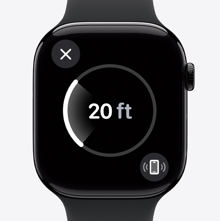 The Precision Finding screen on an Apple Watch Series 10 showing that the watch user’s iPhone is 20 feet away.