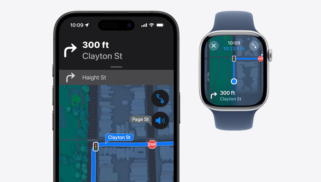 Turn-by-turn directions being shown on both iPhone and Apple Watch.