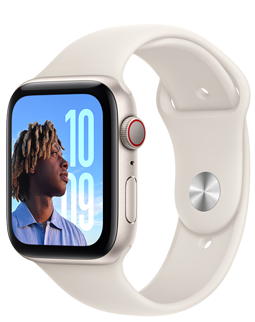 Apple Watch SE avec boîtier en aluminium comète et bracelet sport comète (blanc).