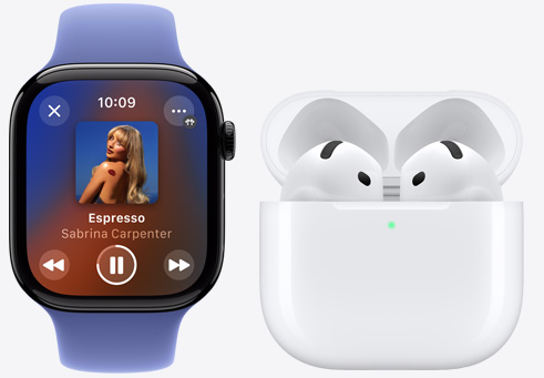 Apple Watch Series 10 playing a song next to AirPods 4.