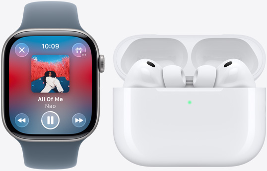 Apple Watch Series 11, app Apple Music, À l’écoute, AirPods Pro 3, coloris blanc, écouteurs, embouts en silicone, micro, Boîtier de charge MagSafe, ouvert, anges arrondis