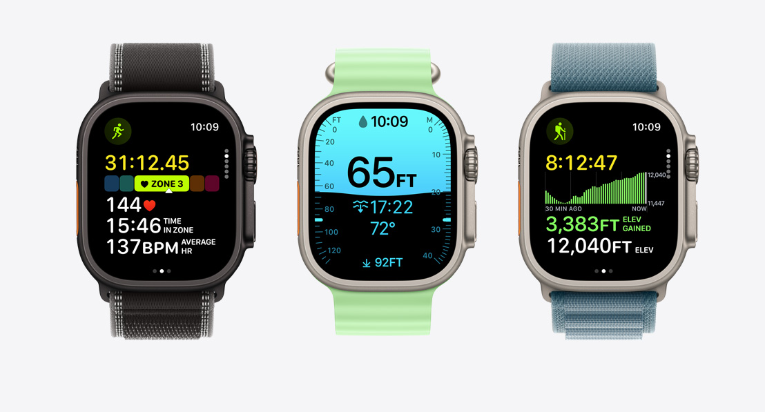 Apple Watch Ultra 3, ecrãs da app Treino: corrida, mergulho, bicicleta