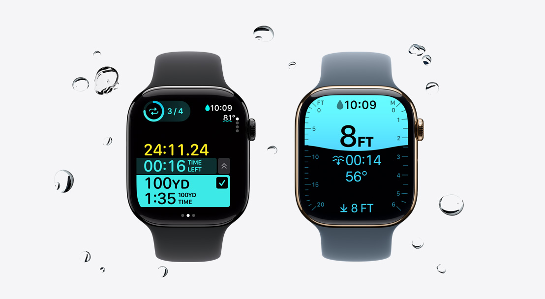 Apple Watch Series 11 com caixa em alumínio preto brilhante polido, em que a app Treino acompanha a natação e gotas de água salpicam o relógio, Bracelete desportiva preta