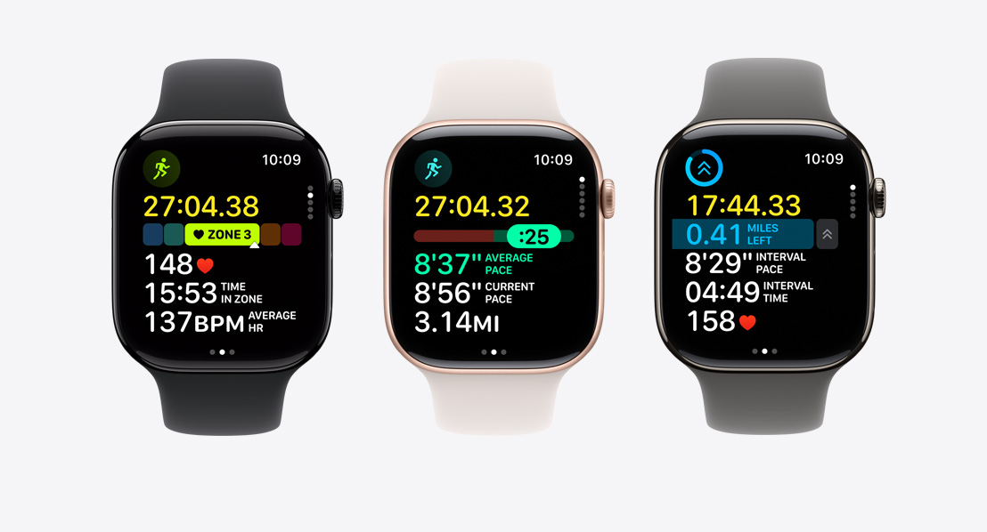 Apple Watch Series 11 com ecrãs de fitness: Zonas de frequência cardíaca, Ritmo definido, Exercício personalizado com intervalos