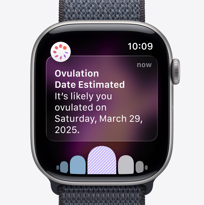 Apple Watch Series 11 com caixa em alumínio cinzento sideral, notificação com estimativa de ovulação no Seguimento do ciclo na app Saúde, Digital Crown e Loop desportiva cinzenta escura