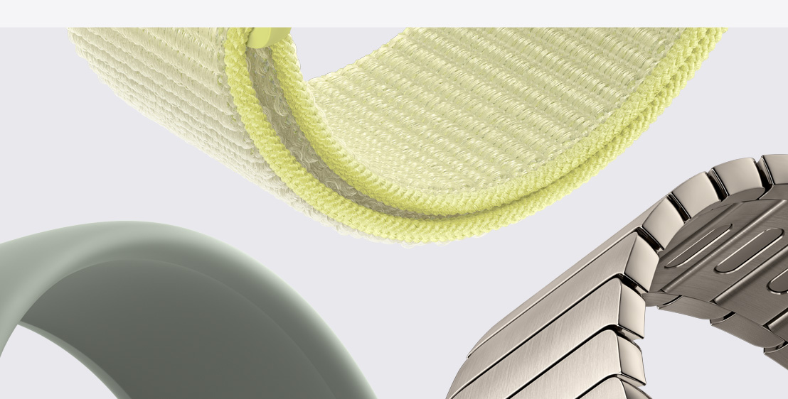 Bracelets Apple Watch : Bracelet Boucle unique, gris vert, Boucle Sport, jaune fluo, Bracelet à maillons, finition naturelle