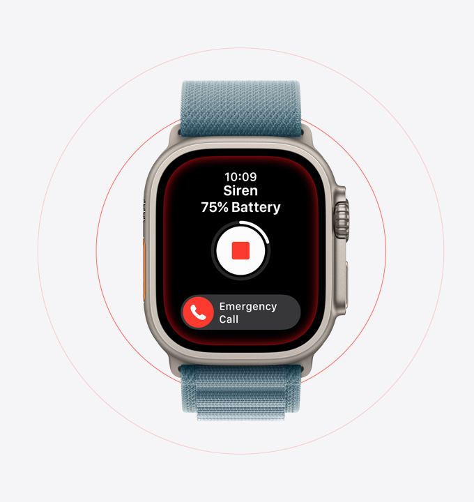 Apple Watch Ultra 3, titanium case, natural color, Siren activated, Emergency call button