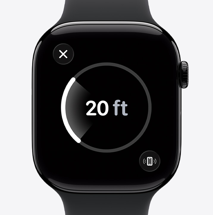Apple Watch Series 11 com caixa em alumínio preto brilhante polido, ecrã da Localização exata, distância estimada até ao telefone perdido