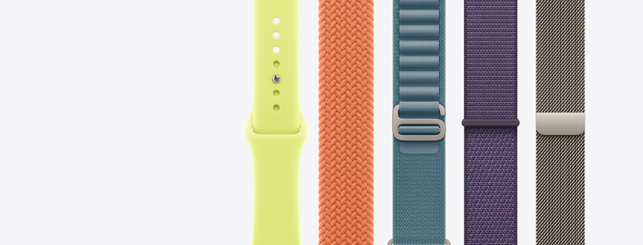 Bracelets Apple Watch : Bracelet Sport, jaune fluo, Bracelet Boucle unique tressée, curcuma, Boucle Alpine, bleu clair, Boucle Sport, brume violette, Bracelet Milanais, finition naturelle