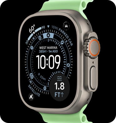 Apple Watch Ultra 3 com caixa em titânio prateado e Bracelete verde