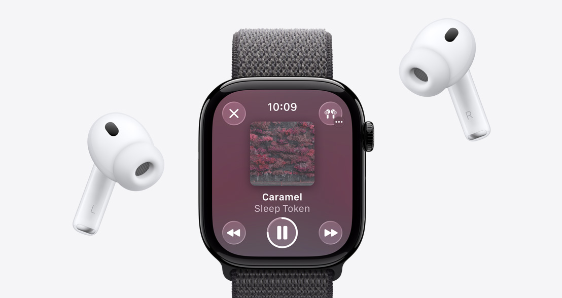 AirPods Pro 3, white, silicone tips, Apple Watch Series 11, aluminium case, polished Jet Black colour, Apple Music playing, Sport Loop, dark grey colour