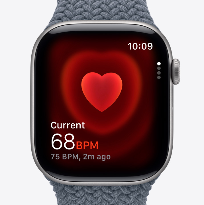 Apple Watch Series 11, aluminium case, Space Grey colour, Heart Rate app, current beats per minute, Braided Solo Loop, anchor blue