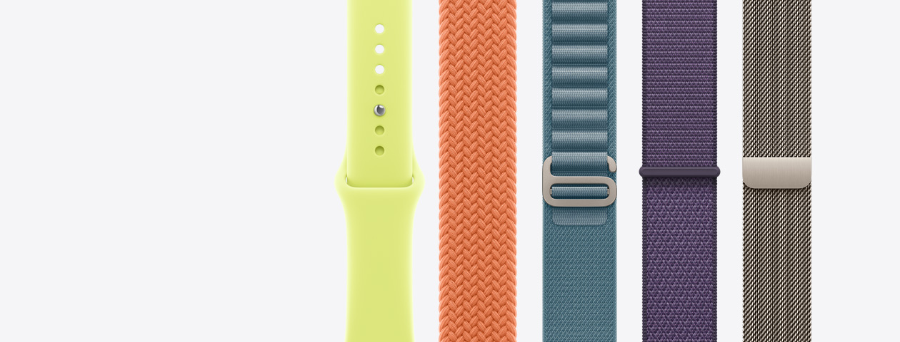 Apple Watch bands: Sport Band, neon yellow colour, Braided Solo Loop, turmeric colour, Alpine Loop, anchor blue colour, Sport Loop, purple fog colour, Milanese Loop, natural colour