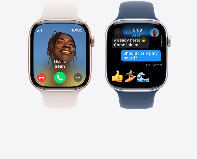 Vista frontal de dois Apple Watch Series 10 a mostrar uma chamada e uma mensagem de texto.