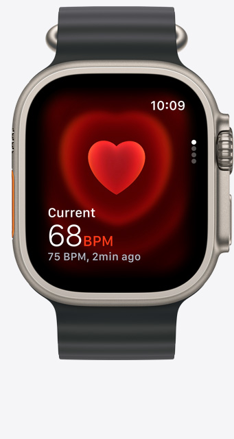 Vista frontal do Apple Watch Ultra 2 com o ecrã da app Frequência cardíaca a mostrar o valor atual de 68 batimentos por minuto.