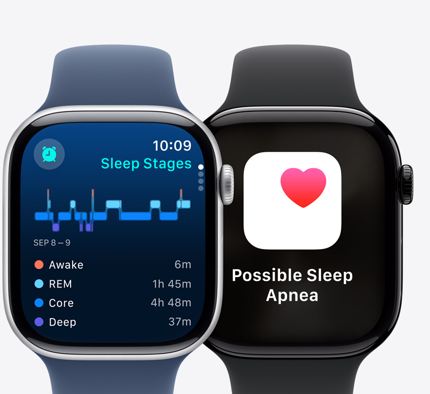 Front view of two Apple Watch Series 10 showing a Sleep Stages screen and a Possible Sleep Apnoea notification.