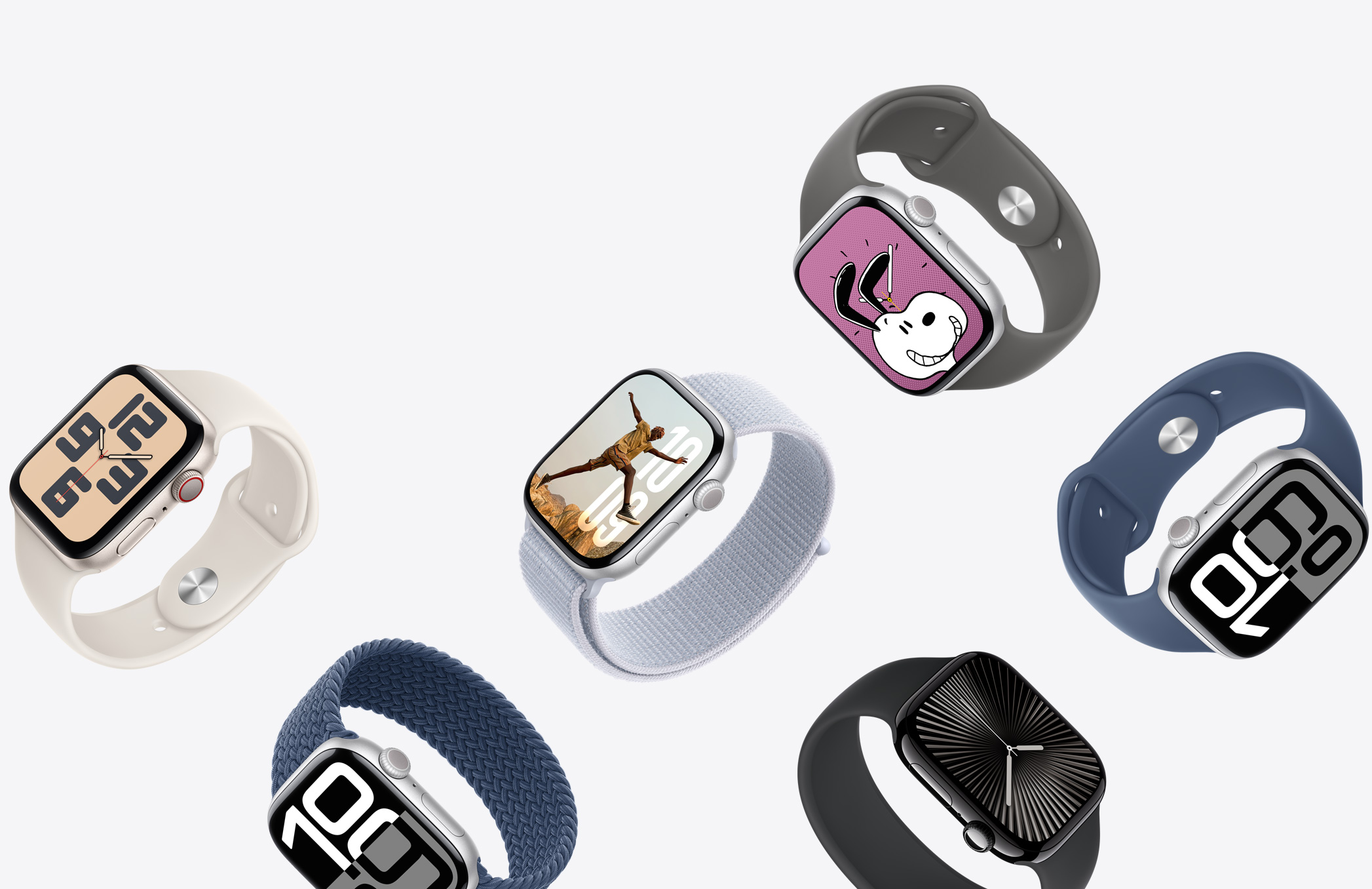 Seleção de dispositivos Apple Watch com caixas em diferentes cores e braceletes em várias cores e materiais.