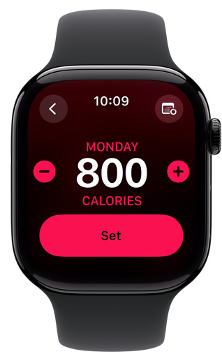 La pantalla de un Apple Watch muestra un objetivo de Movimiento de 800 calorías.