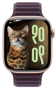 Cadran Photos d’un chat avec une disposition de l’heure et une langue personnalisées sur une Apple Watch