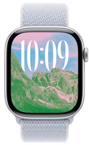 La esfera Fotos de un Apple Watch muestra un paisaje y el diseño de la hora y la escritura personalizados