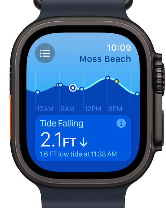 Pantalla del Apple Watch Ultra con la nueva app Mareas.