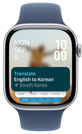 Tela de um Apple Watch mostra o widget do app Traduzir no Conjunto Inteligente.