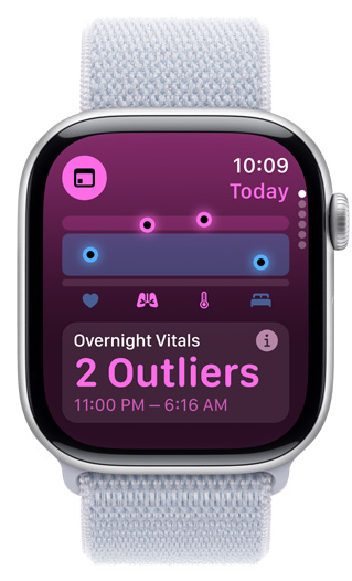 La pantalla de un Apple Watch muestra las constantes vitales nocturnas con dos valores atípicos