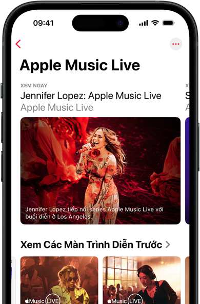 Màn hình Apple Music Live trên iPhone hiển thị Xem Ngay, các buổi biểu diễn đã diễn ra và nội dung độc quyền như 100 Album Hay Nhất Trên Apple Music