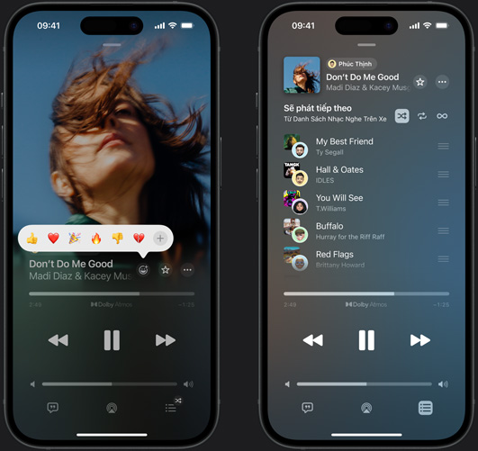 iPhone ở bên trái hiển thị bài hát Don't Do Me Good của Madi Diaz và Kacey Musgraves đang được phát trên màn hình, với tùy chọn biểu cảm bằng biểu tượng cảm xúc hiển thị các lựa chọn ngón tay cái hướng lên, trái tim, ăn mừng, ngón tay cái hướng xuống hoặc thêm một biểu cảm khác, iPhone ở bên phải hiển thị playlist cộng tác có tên là Danh Sách Nhạc Nghe Trên Xe với các bài hát được thêm bởi những người cộng tác khác