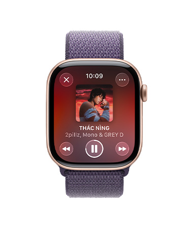 Apple Watch Series 11, rose gold color, aluminum case, Apple Music, music and podcast suggestions, right side exterior, Digital Crown, band, purple fog Sport Loop