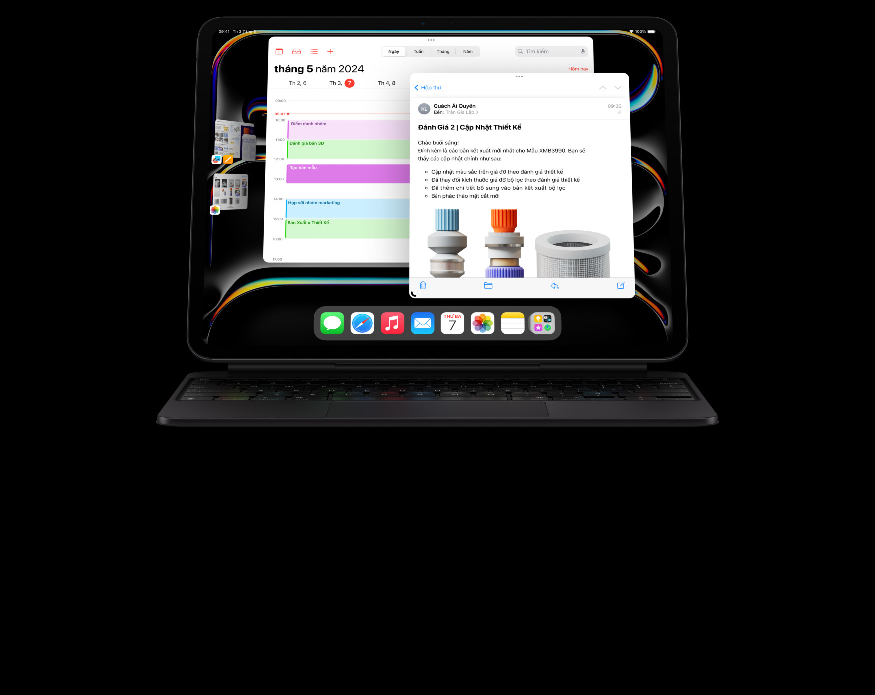 iPad Pro nằm ngang gắn với Magic Keyboard, người dùng đang đa nhiệm với nhiều ứng dụng đang mở