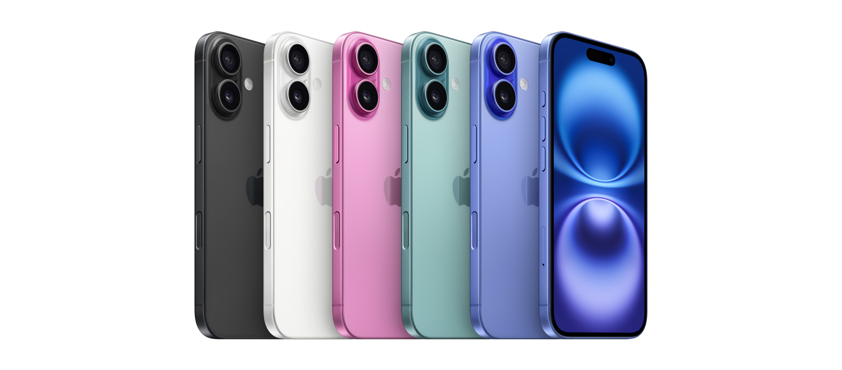 Back view of iPhone 16, all five finishes, Black, White, Pink, Teal, Ultramarine and front view of iPhone 16 in Ultramarine