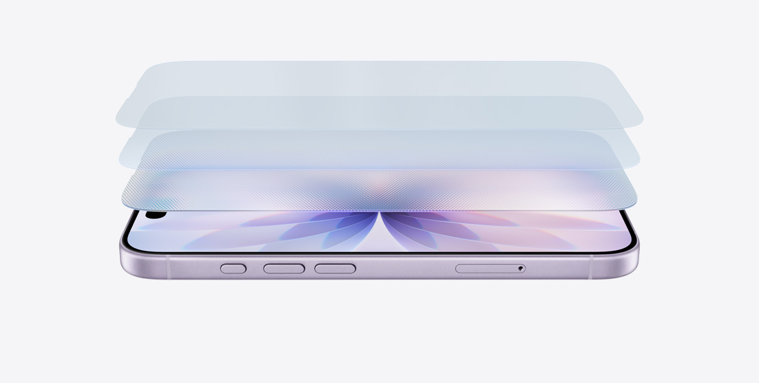iPhone 17 màu Tím Oải Hương nằm ngang, với thiết kế phân lớp cho thấy vật liệu Ceramic Shield 2