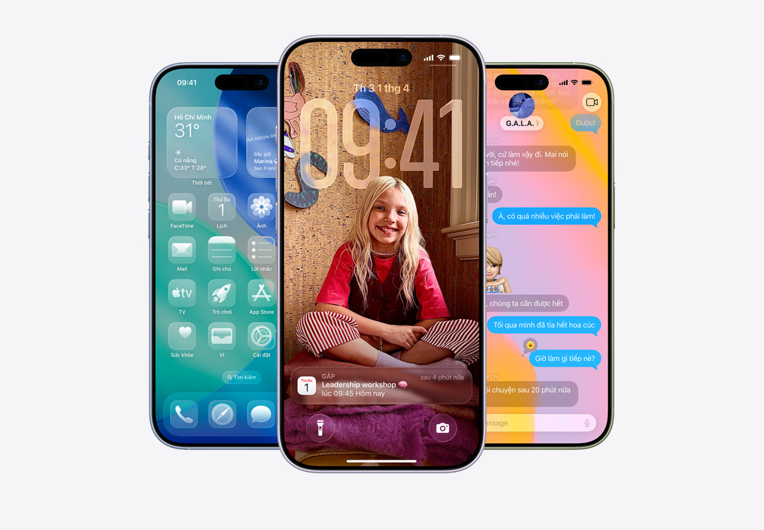 iPhone screen showing call screening pop-up, iPhone screen showing Calendar pop-up on personalized background with photo of a child, iPhone screen showing Messages with Liquid Glass design