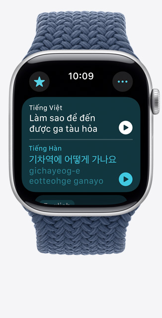 Góc chính diện màn hình ứng dụng Dịch trên Apple Watch Series 10 hiển thị một cụm từ tiếng Anh được dịch sang tiếng Hàn.