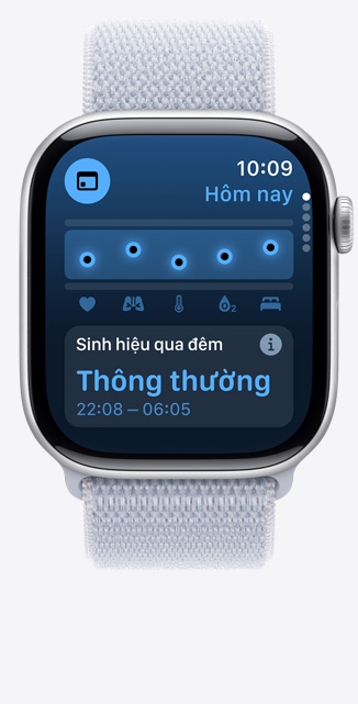 Góc chính diện màn hình ứng dụng Sinh Hiệu trên Apple Watch Series 10 cho thấy các chỉ số sức khỏe qua đêm ở mức bình thường